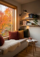 Fototapeta premium Autumn Glow by the Window: A Cozy Reading Nook