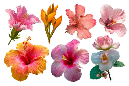 Tropical flower collection isolated on transparent background, colorful exotic botanical PNG cutout set