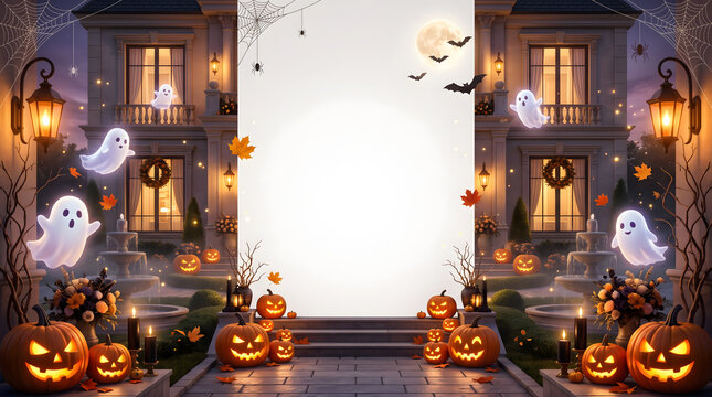 Halloween real estate advertising background with autumn home entrance and copy space for property marketing 