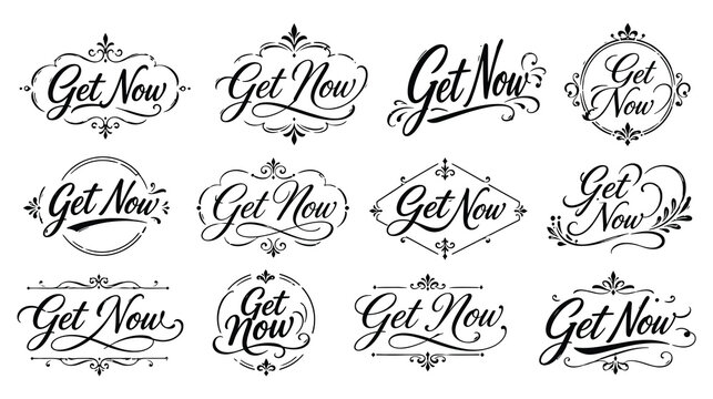 Decorative calligraphic get now lettering set with stylish script and swirling ornaments.