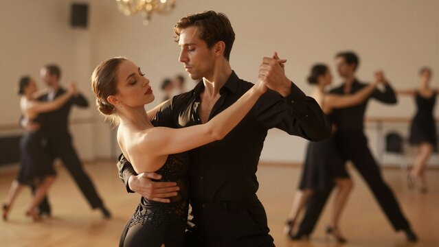 A focused couple practices the tango in a well-lit dance studio, surrounded by blurred partners. The scene captures elegance and concentration during a professional lesson.