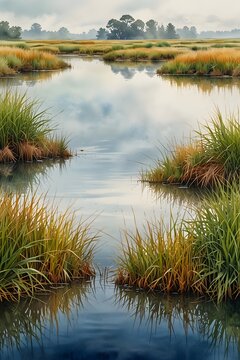 Sedge habitat with reflections in water