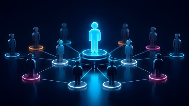 Glowing blue central human figure connected to network of people representing digital leadership online community and global corporate communication structure