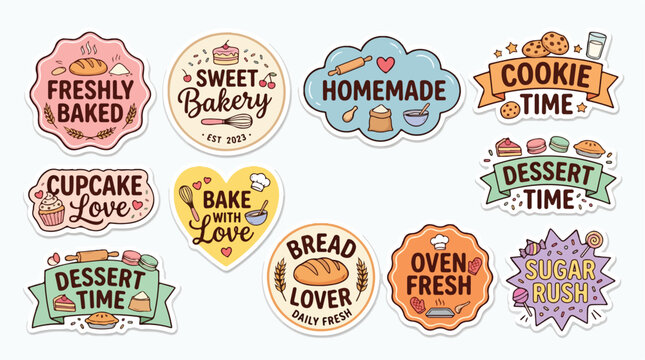 Vintage bakery stickers and labels set, 11 pastel dessert badges for pastry shop branding, hand drawn bread and cookie emblems, sweet shop vector icons isolated PNG with Transparent Background