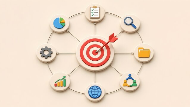 Red bullseye target with arrow surrounded by business and marketing strategy icons in a circular network on beige background.