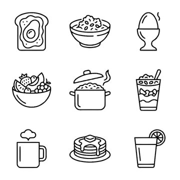 Set of Linear Icons Representing Healthy Breakfast Choices Including Avocado Toast Oatmeal Boiled Egg Fruit Salad Pancakes and Morning Beverages