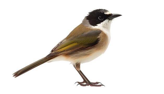 Small colorful wild bird featuring vibrant brown olive feathers and a distinct black cap stands gracefully against a pure white background in this detailed digital illustration of nature and wildlife.