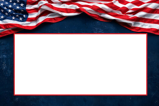 American flag draped over dark blue textured background Large white area for your text message Patriotism