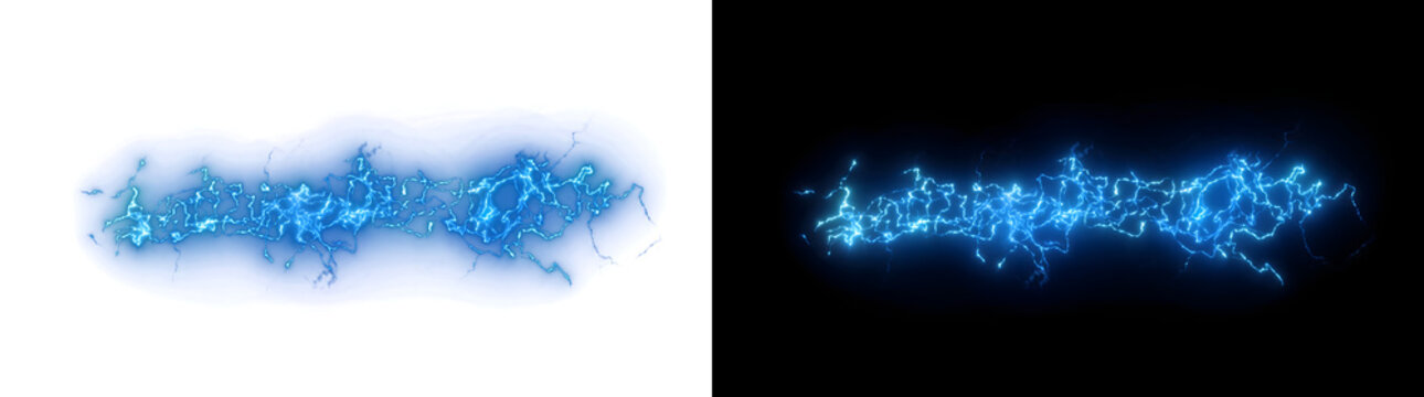 Blue lightning bolt crackling with electric energy horizontally for creative design in PNG, Transparent and Black Background Versions