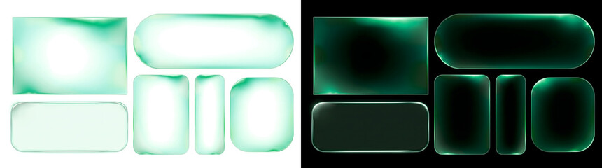 Green glass button shapes glowing with sleek glossy rounded edges for creative design in PNG, Transparent and Black Background Versions © Crafter