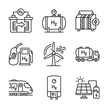 Hydrogen energy icons set vector illustration, green fuel and renewable power technology symbols