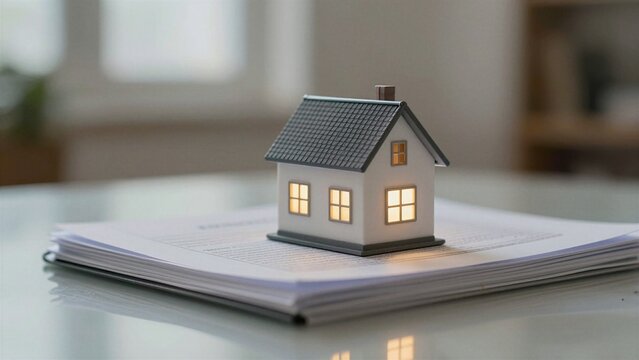 A small white miniature house model with glowing windows sits atop a stack of legal papers on a desk.