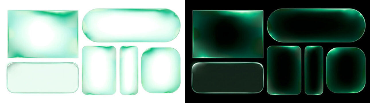 Green glass button shapes glowing with sleek glossy rounded edges for creative design in PNG, Transparent and Black Background Versions