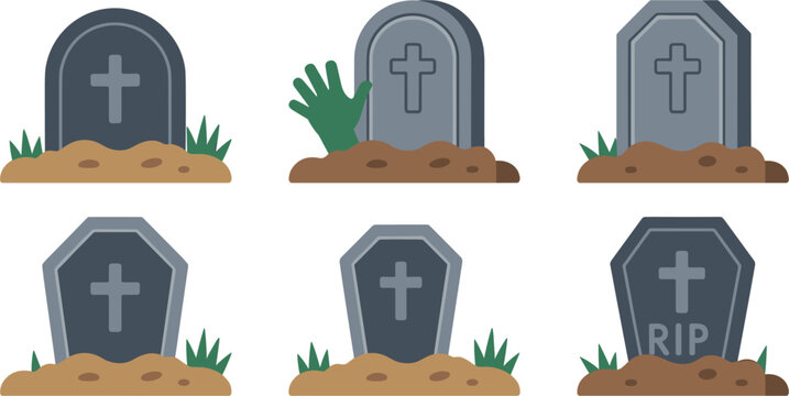 Halloween gravestone collection, spooky cemetery tombstones isolated horror vector illustration design set for haunted backgrounds