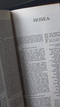 Opening to the Book of Hosea of the Old Testament in the Holy Bible. New Revised Standard Version. Vertical video.