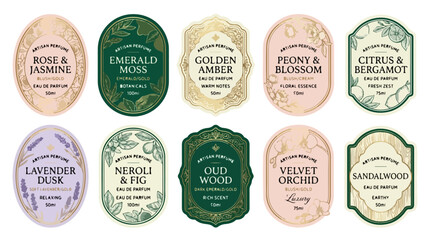 Fototapeta premium Vintage perfume labels set, elegant floral fragrance stickers with gold and botanical details, luxury apothecary cosmetic branding vector isolated PNG with Transparent Background