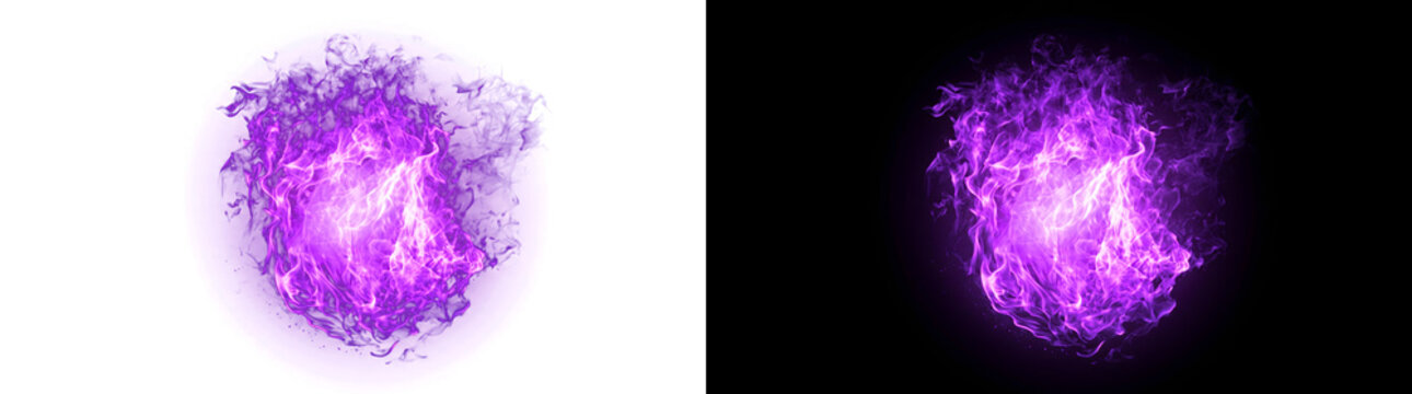 Purple fire flame burning realistically with intense burst of energy for creative design in PNG, Transparent and Black Background Versions
