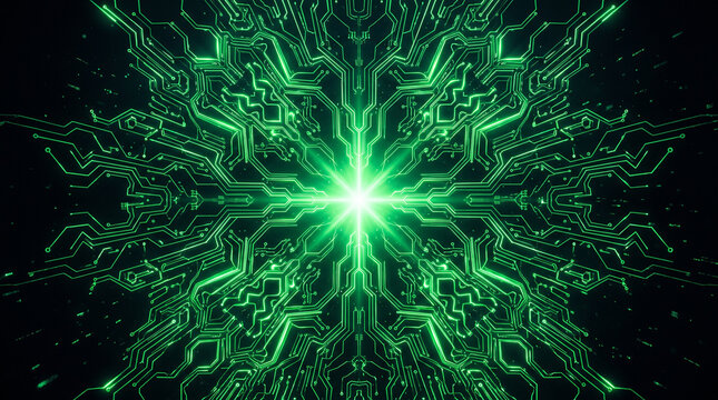 Abstract digital technology background with glowing green circuit board patterns and data flow