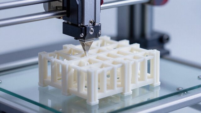Close-up of a 3D printer extruding white filament to build an intricate grid-like prototype on a glass bed.