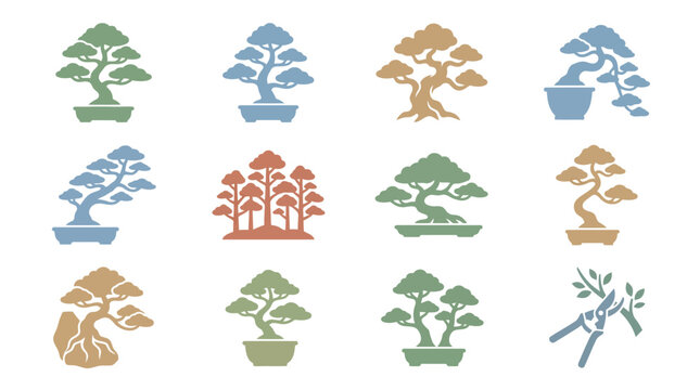 Colorful Bonsai Tree Icons Set.