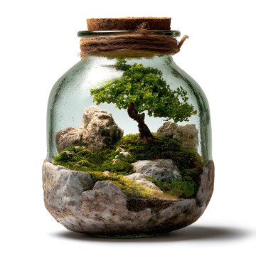Miniature tree moss and rocks inside glass jar terrarium with cork lid environmental preservation vector illustration isolated