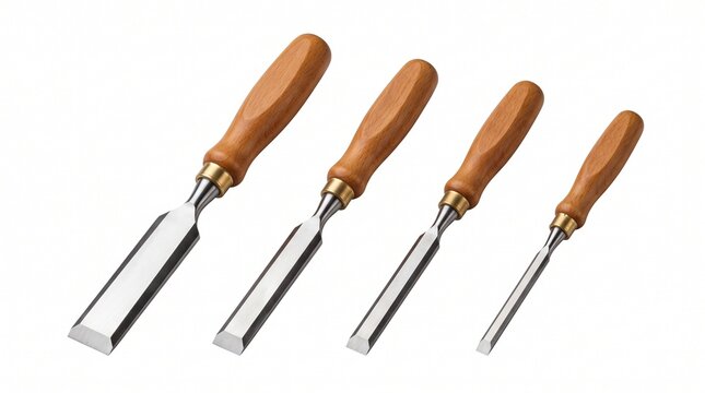 Set of Four Professional Wood Chisel Tools with Wooden Handles Isolated on White Background