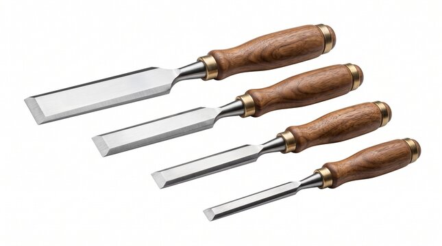 Set of Four Professional Wood Chisel Tools with Wooden Handles Isolated on White Background