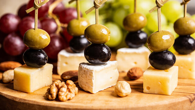 Closeup of olives and cheese on skewers with nuts and grapes on wooden board