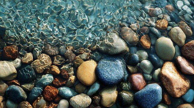 Colorful wet pebbles and smooth stones underwater in a clear river stream