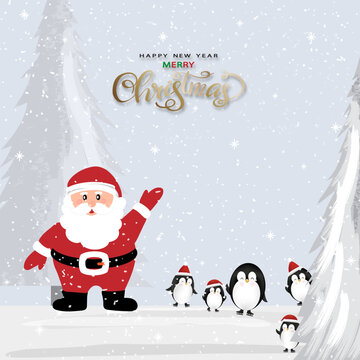 Christmas Winter Background With Santa Claus And Penguins In Snowy Forest, 2027 Merry Christmas And Happy New Year Greeting Card,Cute Holiday Vector Illustration With Snowfall,Trees,Festive Characters