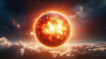 Fototapeta premium Majestic Glowing Sun Bursting with Energy in a Dark Starry Cosmic Sky above Dreamy White Clouds