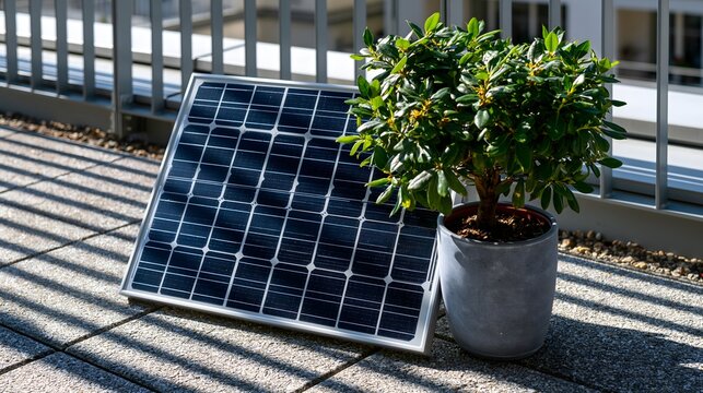Kleines Solarmodul und Topfpflanze auf einem sonnigen Stadtbalkon