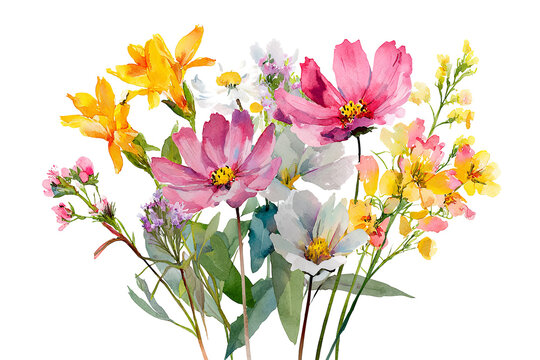 Watercolor wildflower bouquet isolated on transparent background, colorful botanical floral arrangement PNG cutout