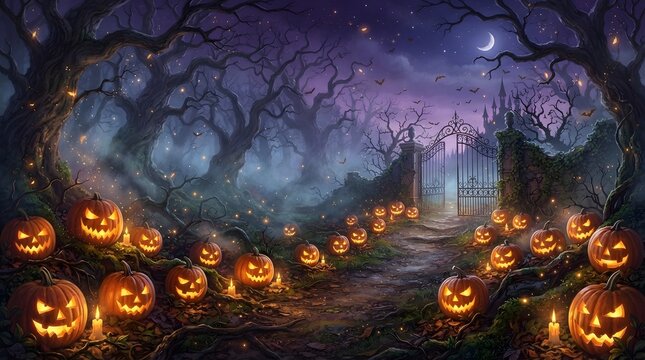 Spooky halloween forest path with glowing jackolanterns