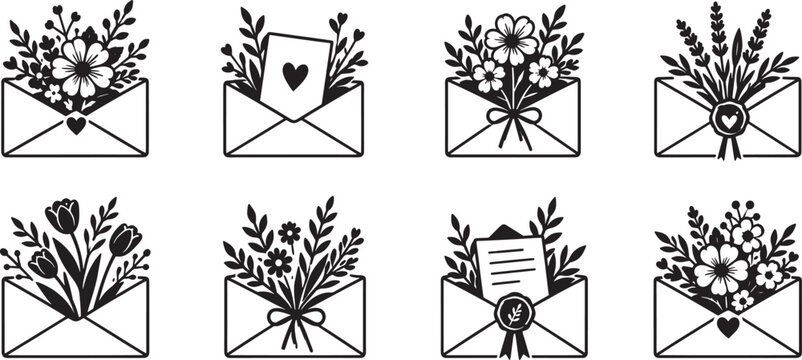 Floral envelope collection with blooming flowers, love letters, botanical bouquets, heart mail icons, and romantic wedding invitation vector set for greeting cards and Valentine celebration