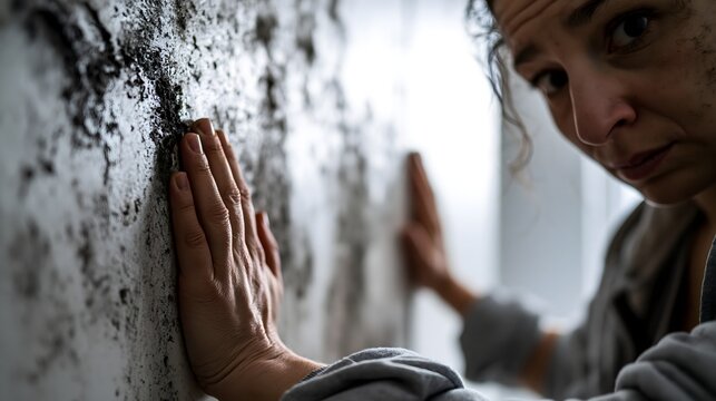 Verzweifelte Mieterin betrachtet starken Schimmelbefall in ihrer Wohnung