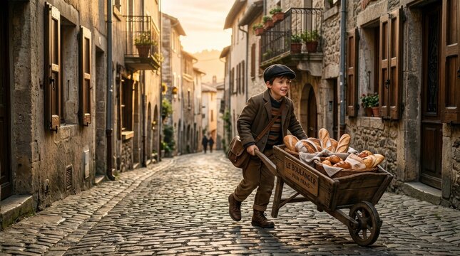 Young boy delivering fresh bread in a charming old European town