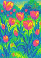 Obraz premium Vibrant tulips in surreal landscape.