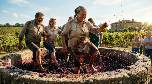 Happy people stomping grapes in a traditional stone vat at a vineyard