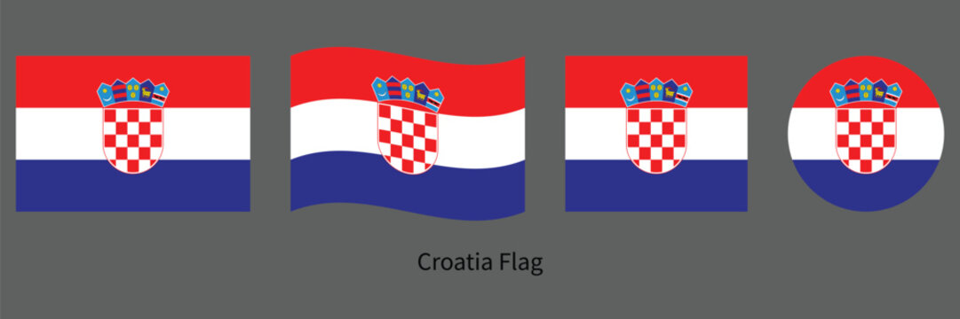 Croatia Flag Set with Waving, Circle and Rectangle Shapes Vector Illustration