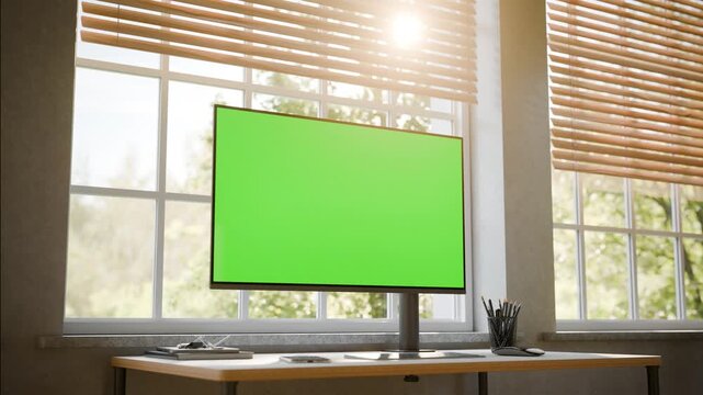 Desktop Monitor Green Screen Mockup &ndash; Static Seamless Loop with Moving Trees in Bright Sunlit Office - Perspective Shoot