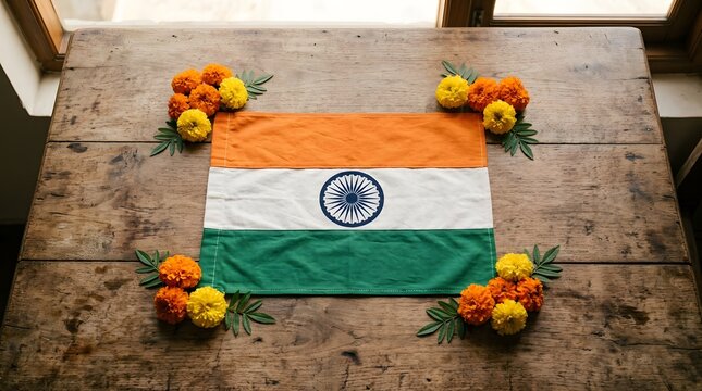 Indian national flag placed centrally on a rustic wooden table decorated with orange marigold flowers, flat lay