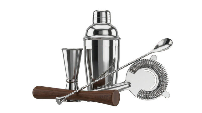 Barware tools arranged in a still life with selective focus isolated on transparent background