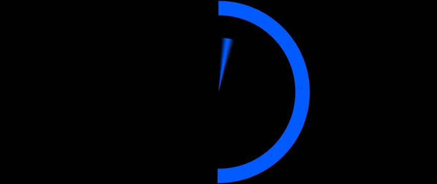 a half circle in neon blue against a black background, with a thin line extending from the center, suggesting a timer or progress indicator.