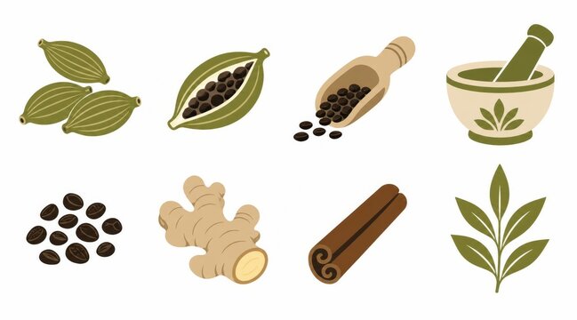 Cardamom Spice Icon Set
