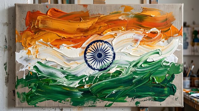 Abstract oil painting of the indian flag with thick brush strokes and textured colors on canvas, painting