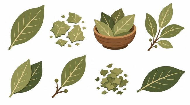Vector bay leaf icon pack and culinary motifs