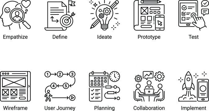 Design thinking process icons a comprehensive visual guide to innovation and problem solving stages