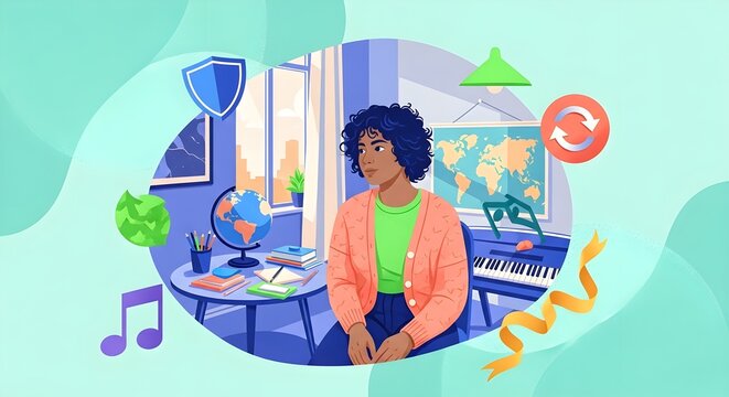 Woman listening to music while working on a laptop in a stylish home office filled with plants and motivational symbols in a split-screen illustration.