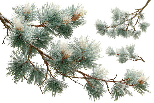 Winter pine branch set isolated on transparent background, realistic evergreen foliage PNG cutout collection with natural green needles